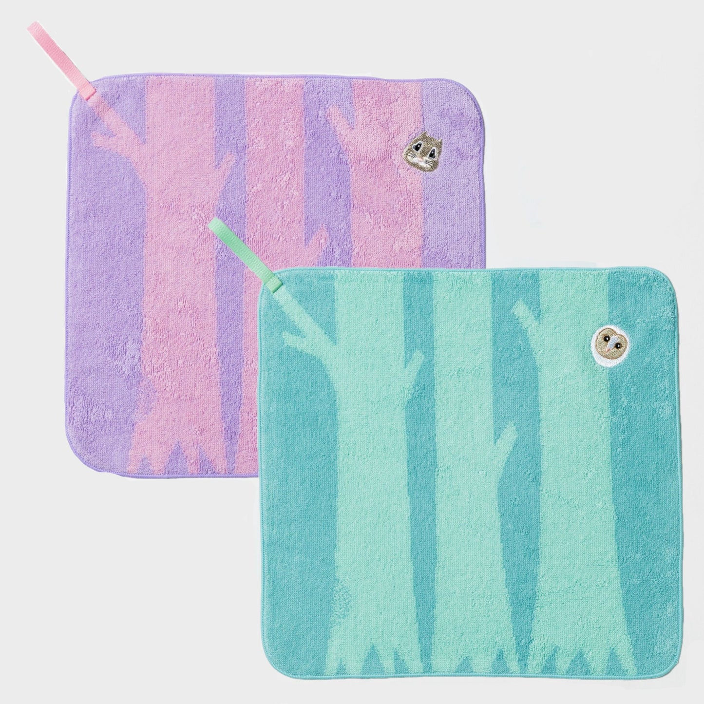 Hide&Seek･かくれんぼ 　ループ付きハンドタオル 2枚セットA　モモンガ＋フクロウ(29cm×29cm)